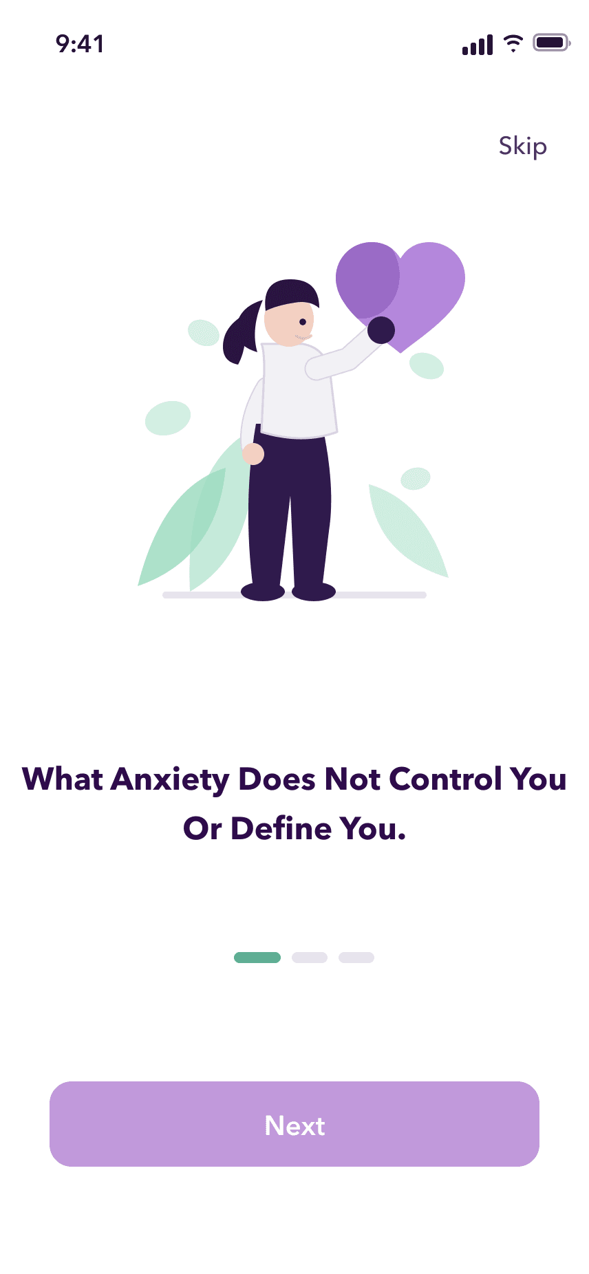 Anxiety Ease onboarding screen reading “What Anxiety Does Not Control You Or Define You”, with a skip link, three progress dots and a Next button