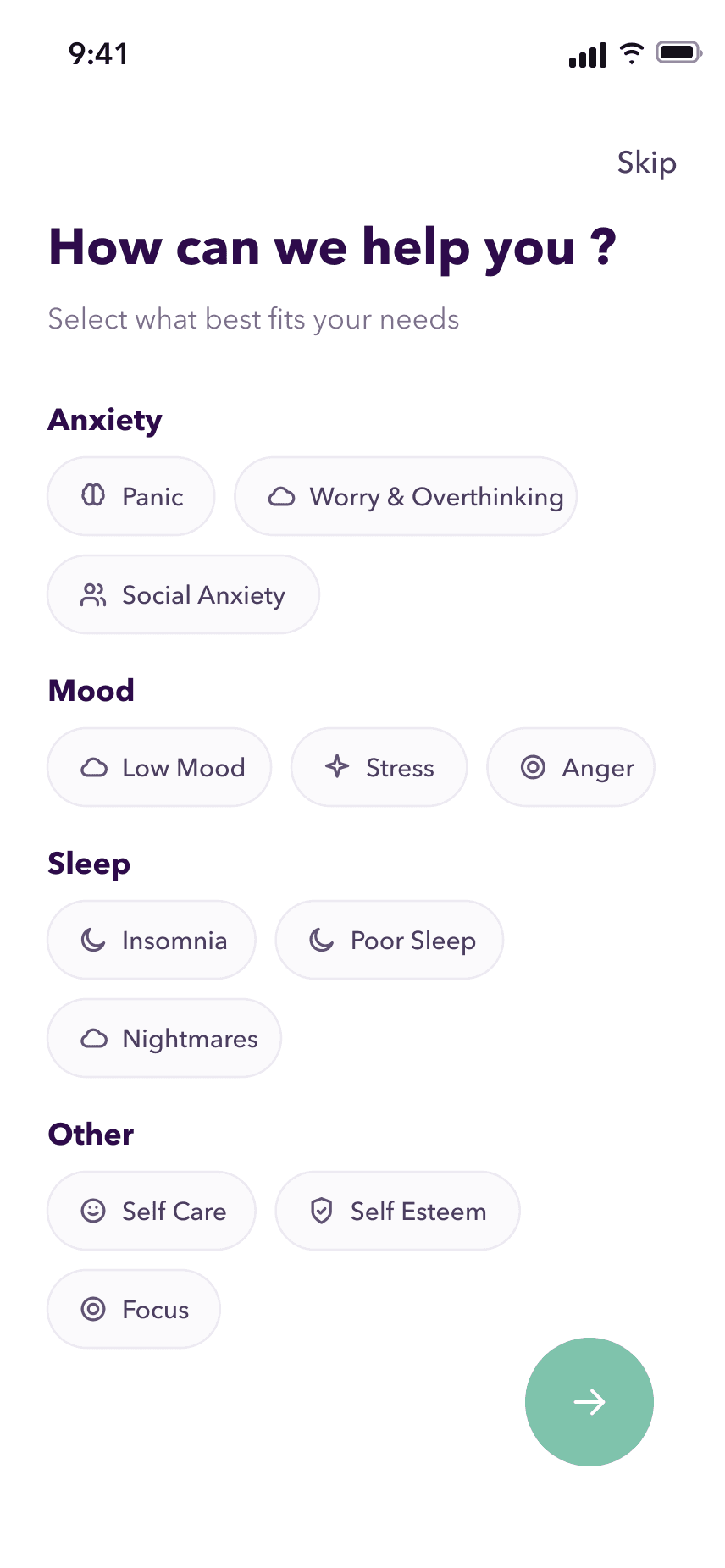 “How can we help you?” picker grouping needs under Anxiety, Mood, Sleep and Other — panic, worry and overthinking, social anxiety, low mood, stress, anger, insomnia, poor sleep, nightmares, self care, self esteem and focus