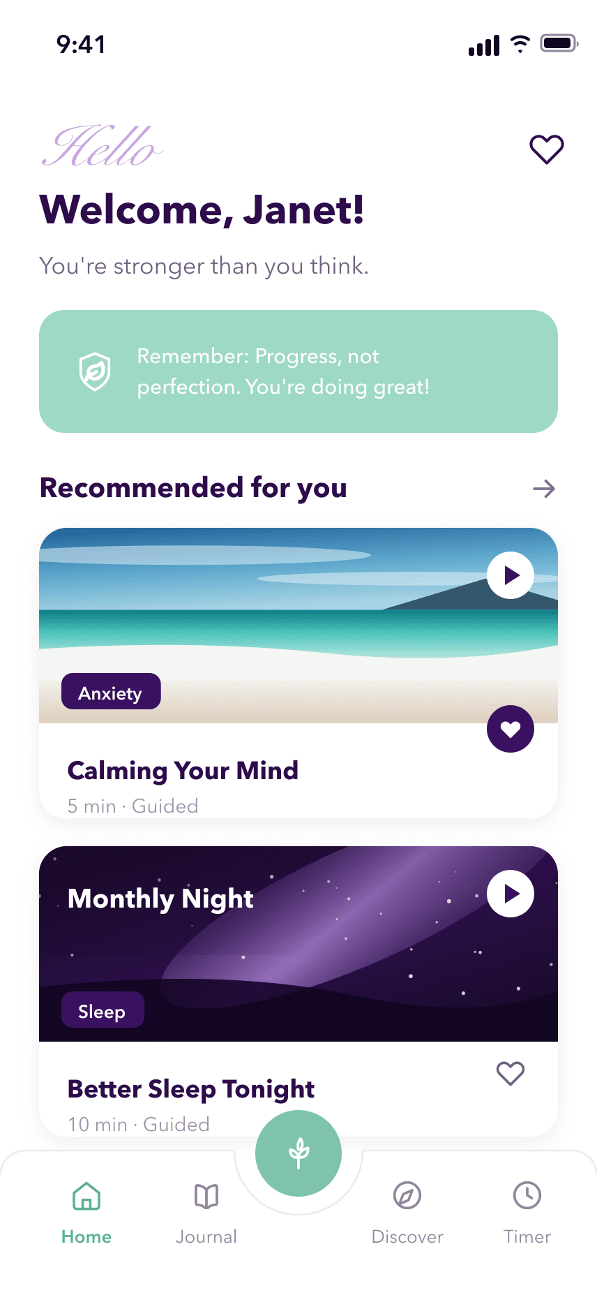 Home screen welcoming Janet with an encouragement card and a Recommended for you feed of guided sessions — a five-minute Calming Your Mind for anxiety and a ten-minute Better Sleep Tonight
