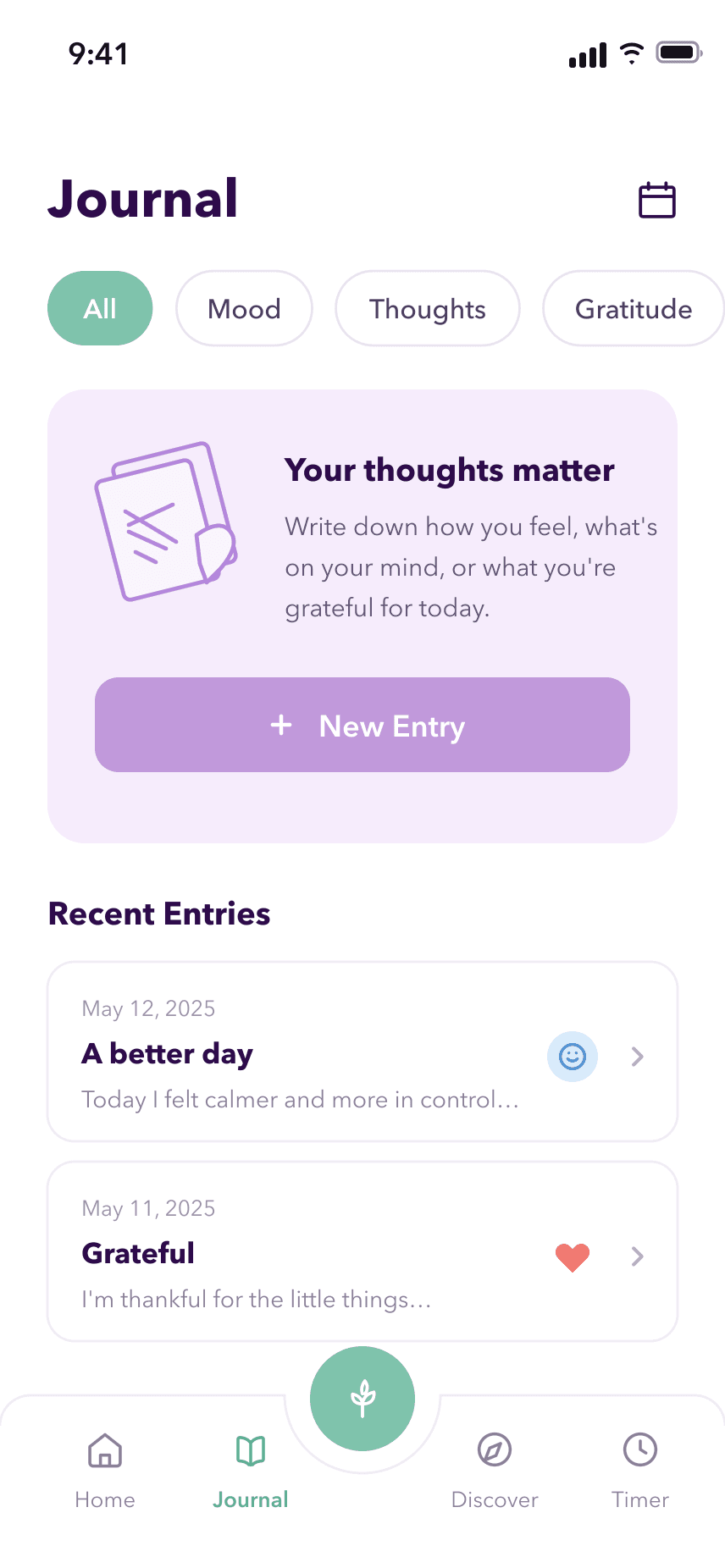 Journal tab filtered by All, Mood, Thoughts and Gratitude, with a New Entry prompt and recent entries dated May 2025, each tagged with the mood it was saved under