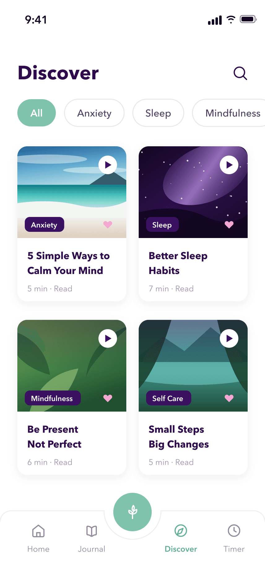 Discover tab browsing the content library by Anxiety, Sleep, Mindfulness and Self Care, with five- to seven-minute reads such as “5 Simple Ways to Calm Your Mind” and “Better Sleep Habits”
