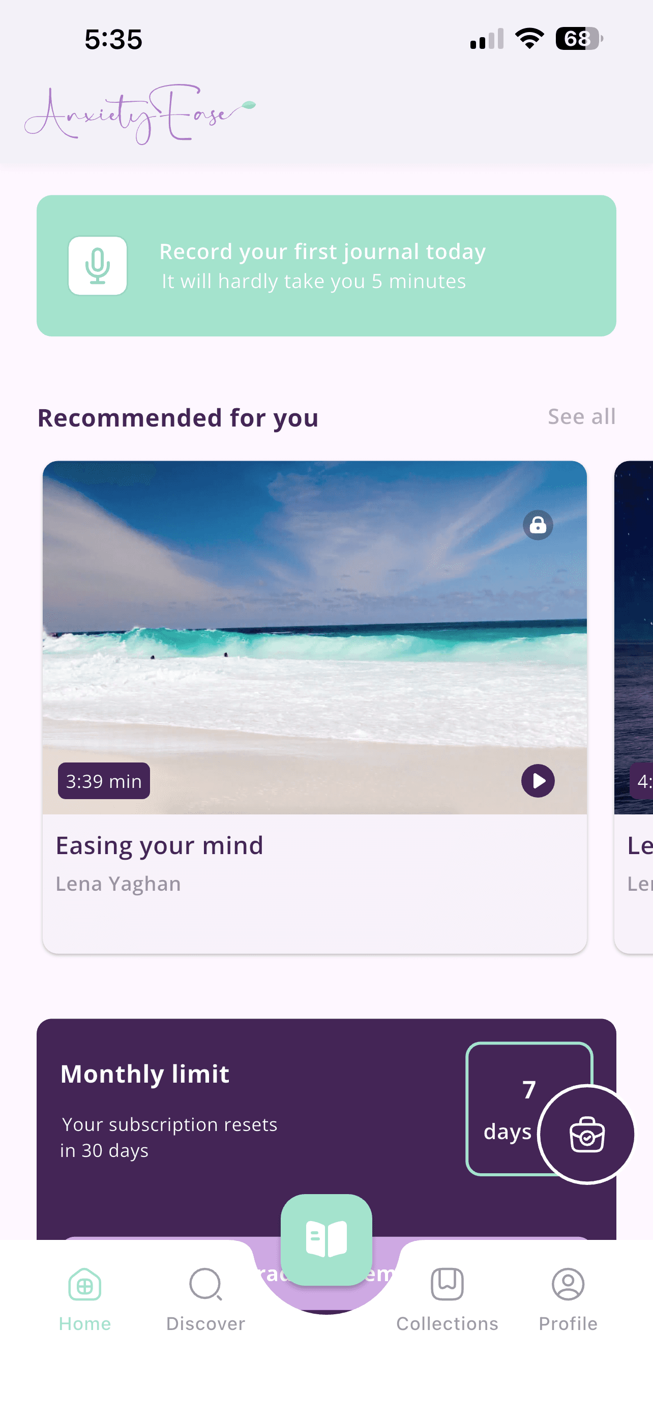 Anxiety Ease app — recommended content on iPhone