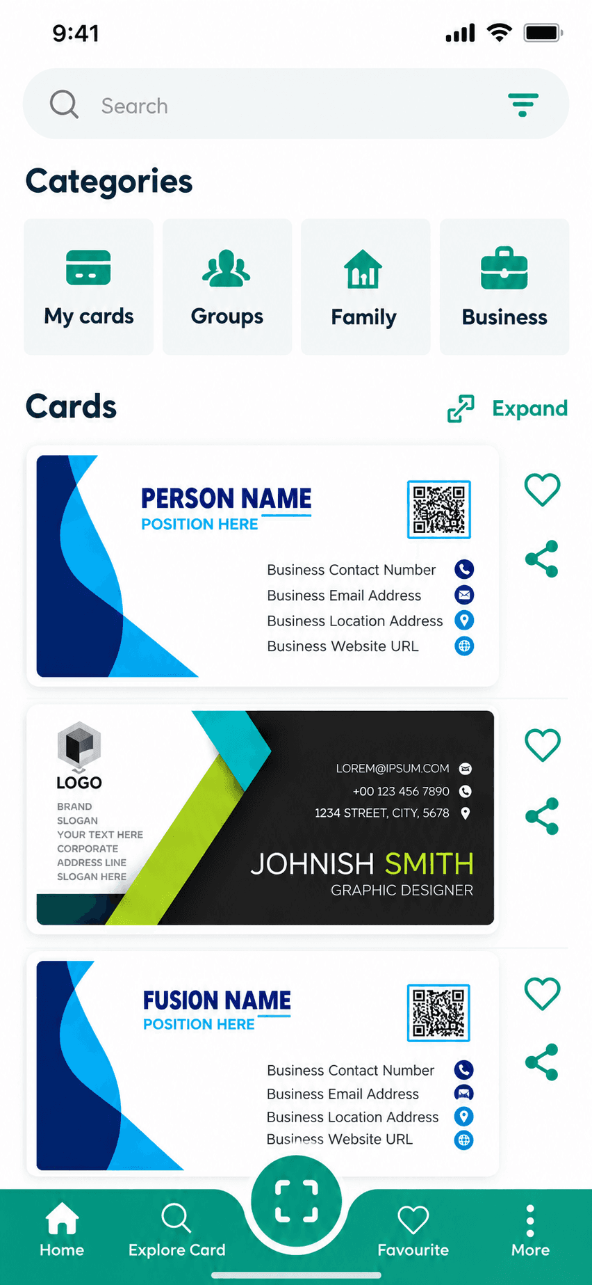 BizCard app — saved card library on iPhone