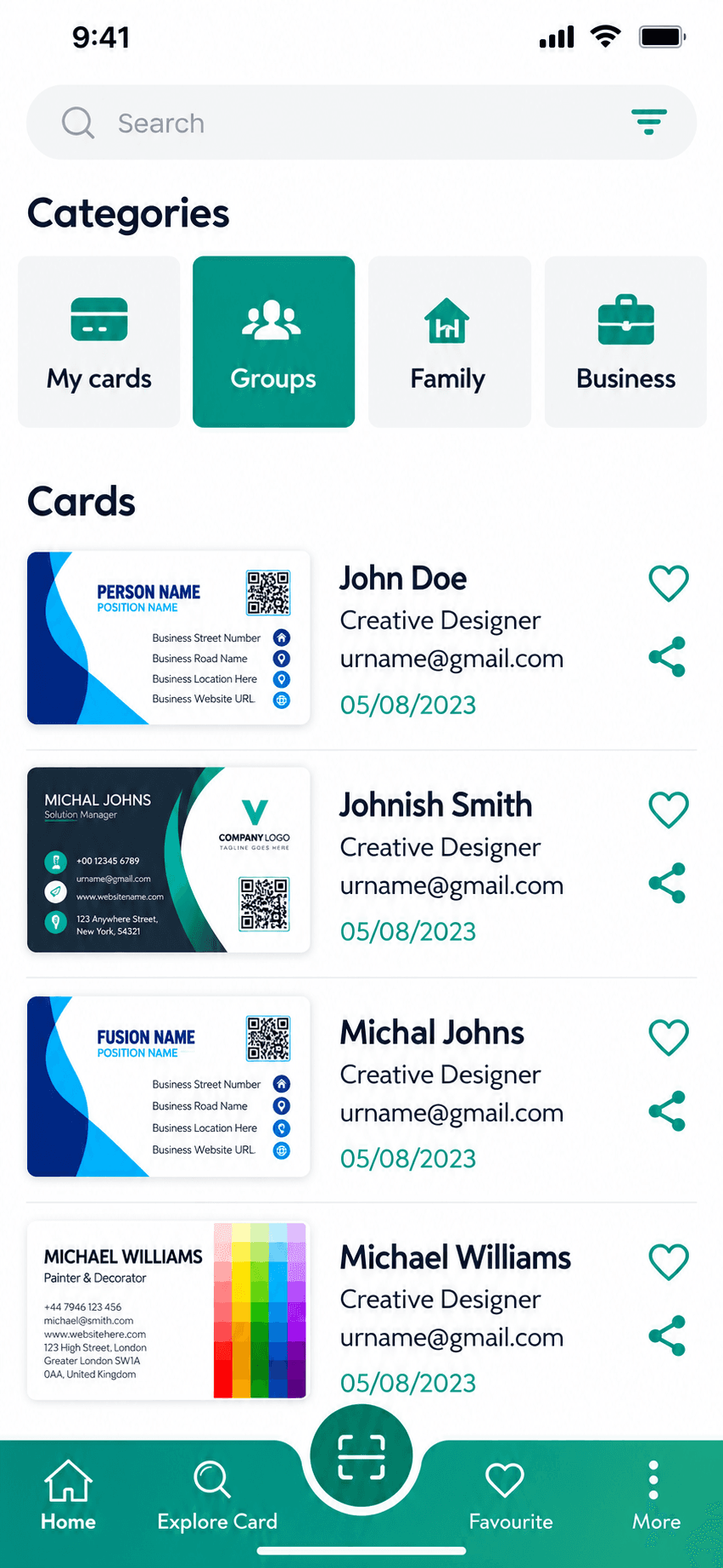 The same home screen with the Groups category selected, listing saved cards as thumbnail plus contact — John Doe, Johnish Smith, Michal Johns and Michael Williams, each with job title, email address and the date the card was saved