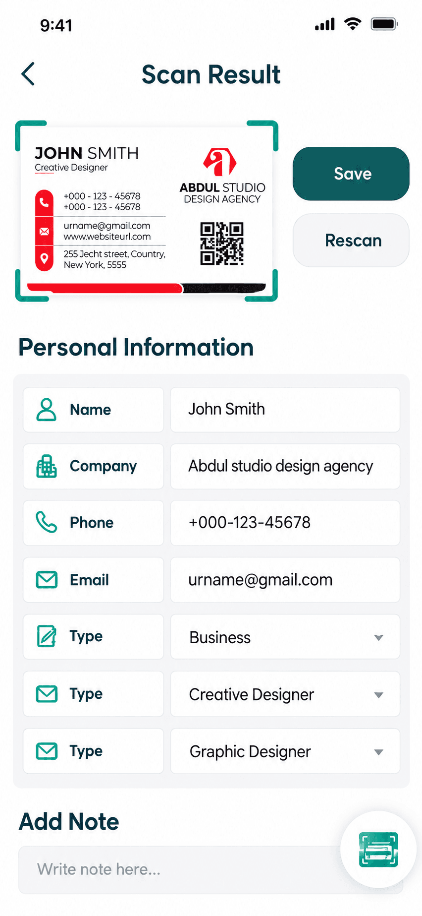 Scan Result screen showing the captured card inside scan brackets with Save and Rescan buttons, above a Personal Information form pre-filled from the scan with name, company, phone, email and type fields, and an Add Note box