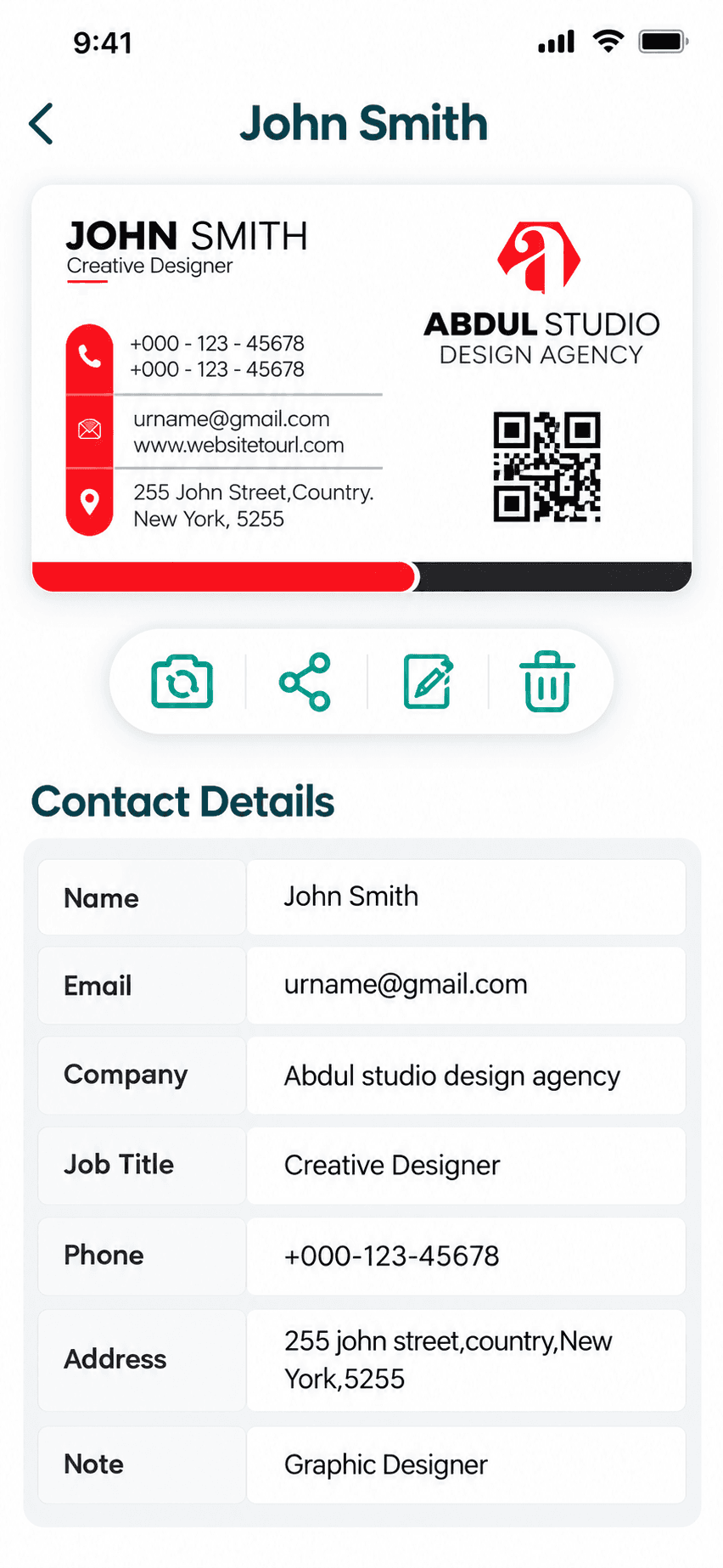 Card detail for John Smith — the scanned card, a row of re-scan, share, edit and delete actions, and a Contact Details table listing name, email, company, job title, phone, address and note