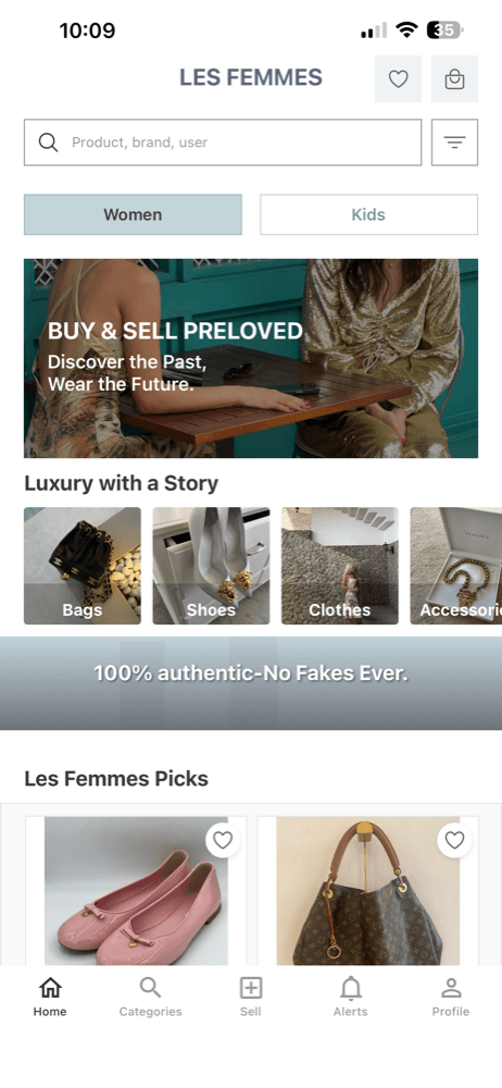 Lesfemmes home screen — Women and Kids tabs, a Buy & Sell Preloved banner, category tiles for bags, shoes, clothes and accessories, and a Les Femmes Picks feed