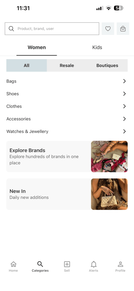 Category browser filtered by All, Resale and Boutiques, listing bags, shoes, clothes, accessories and watches and jewellery