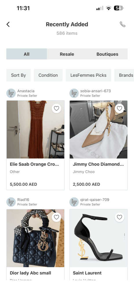 Recently Added listing of 586 items, each tile showing the vendor, the product and its price in AED
