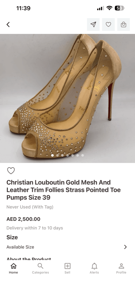 Product page for Christian Louboutin Follies Strass pumps at AED 2,500, showing condition and the size selector