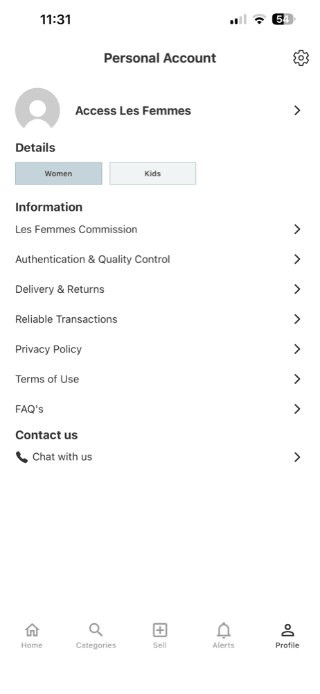Personal account screen with commission, authentication and quality control, delivery and returns, and transaction information