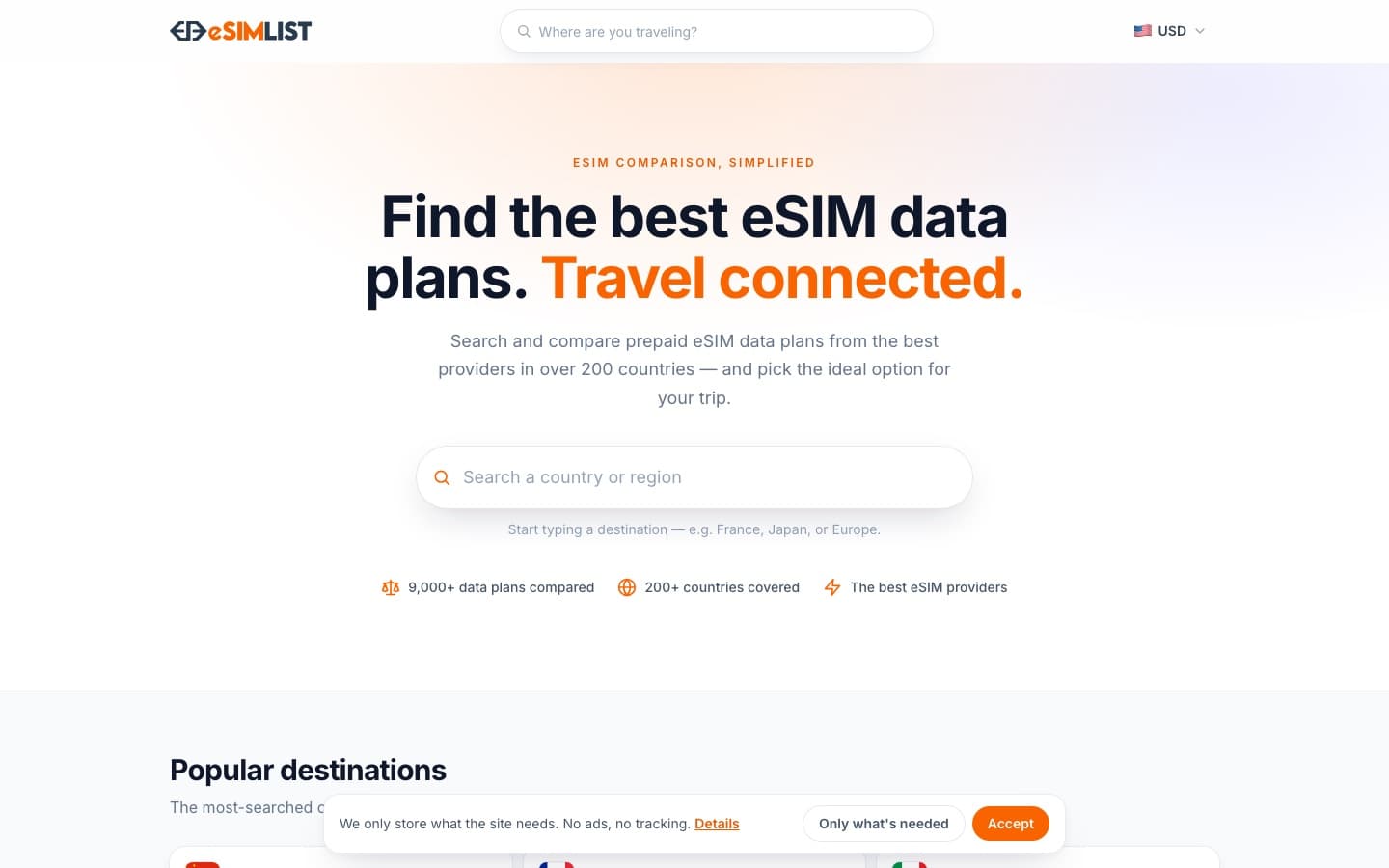 eSIMlist homepage — search and compare eSIM data plans